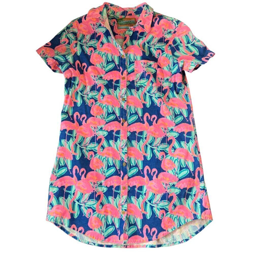 Chubbies Flamingo pink Blue Shirt Mini Dress Size L